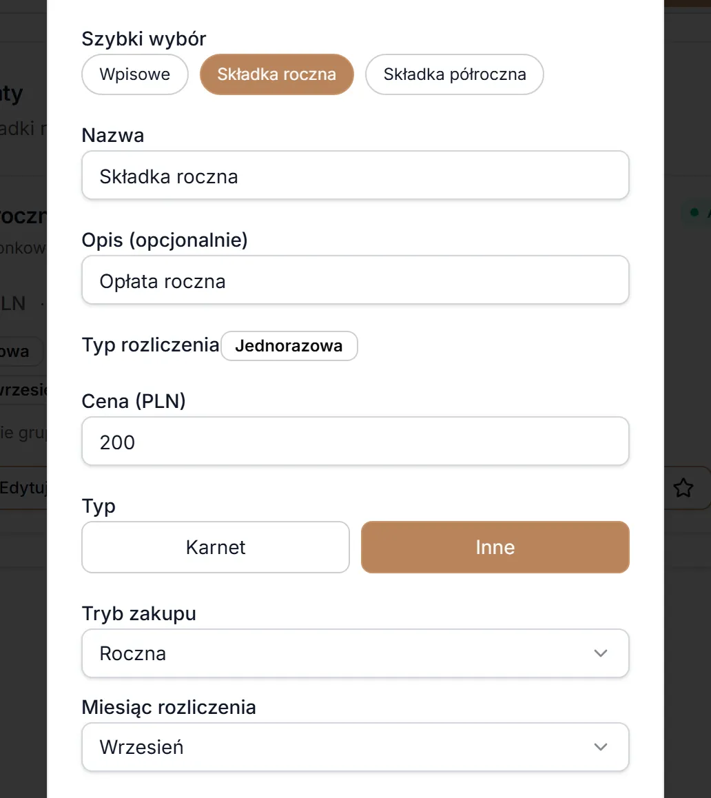 Szybki wybór — Składka roczna