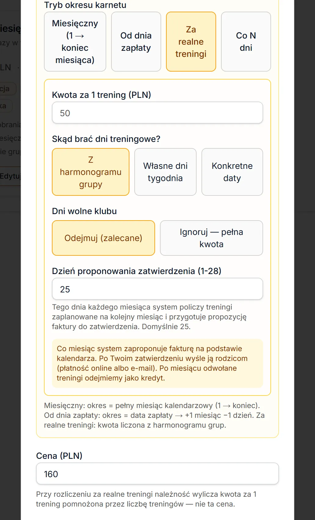 Tryb okresu: Za realne treningi