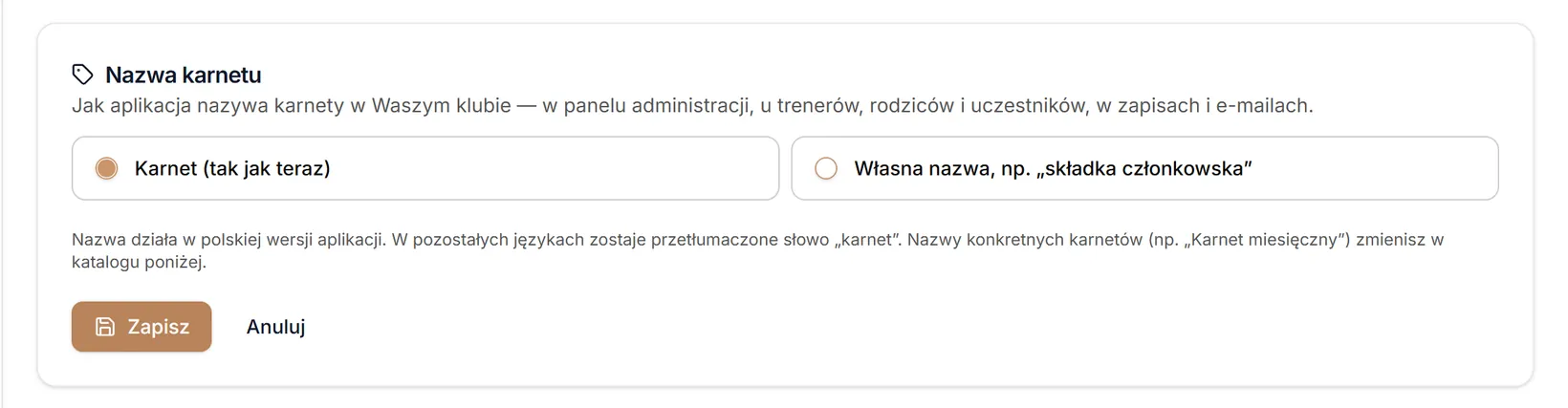 Nazwa karnetu — formularz z nazwą domyślną