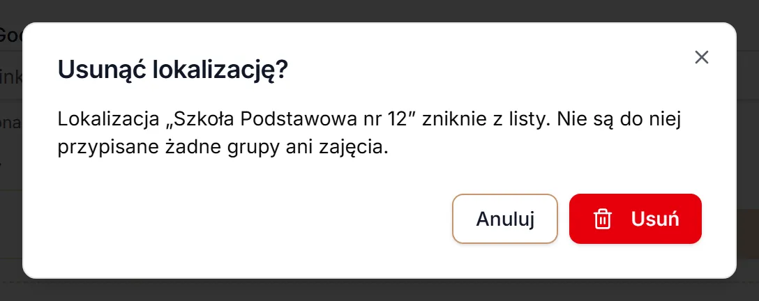 Okno usunięcia lokalizacji bez historii