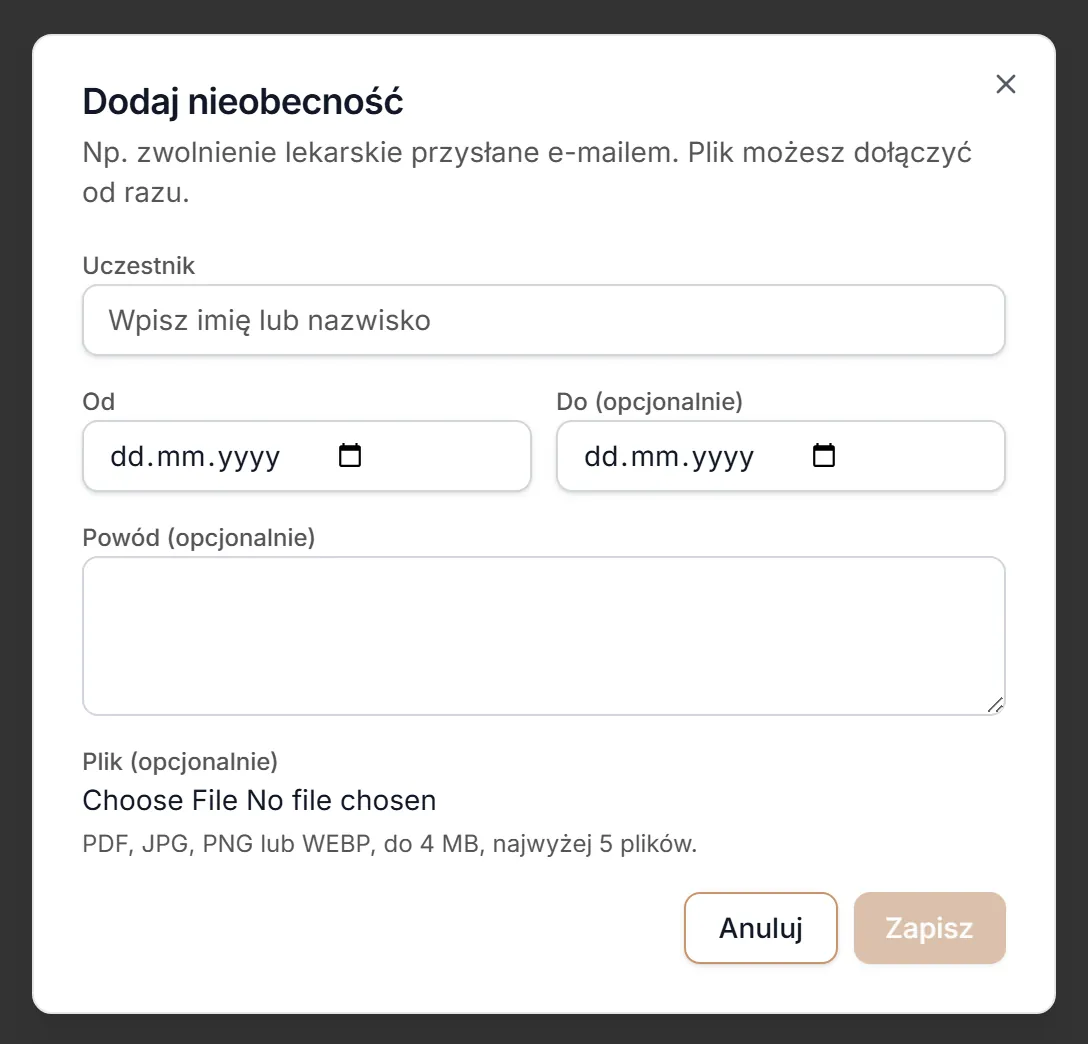 Formularz dodawania nieobecności