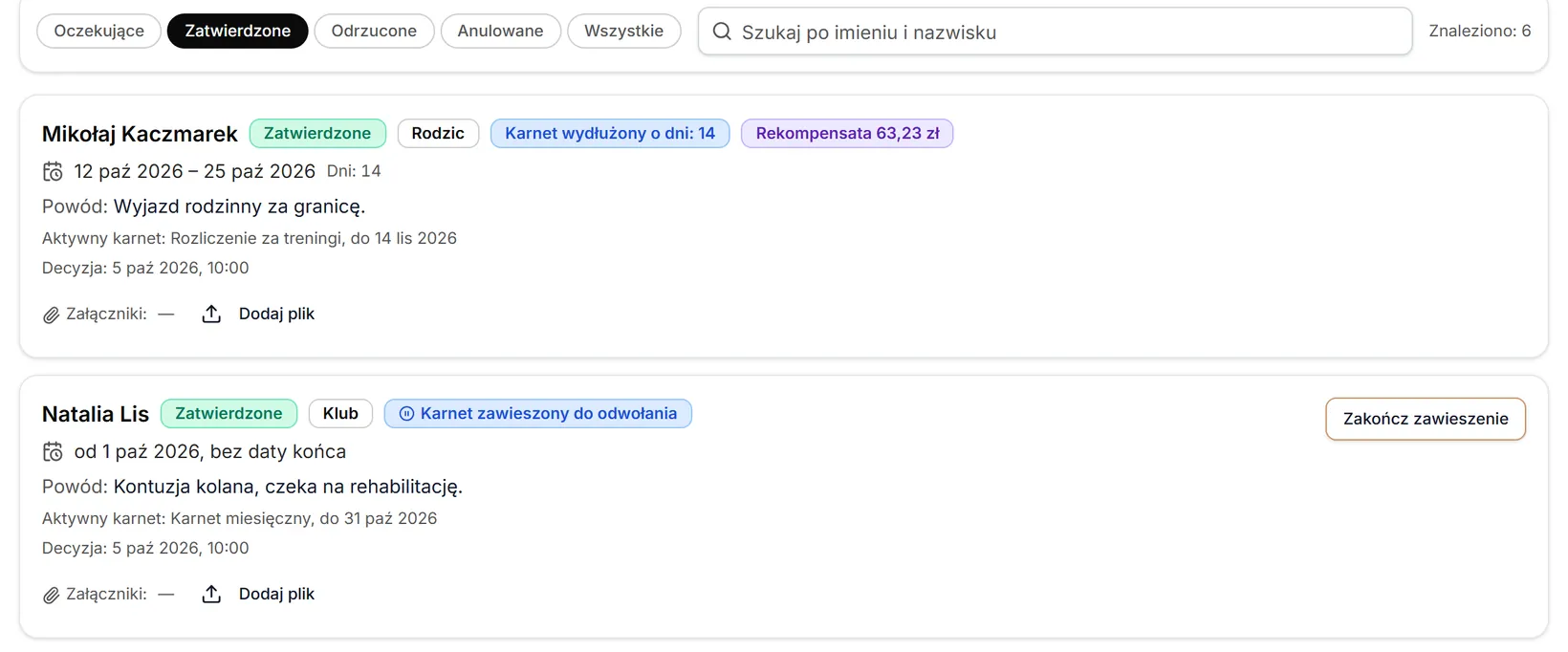 Zatwierdzone zgłoszenia