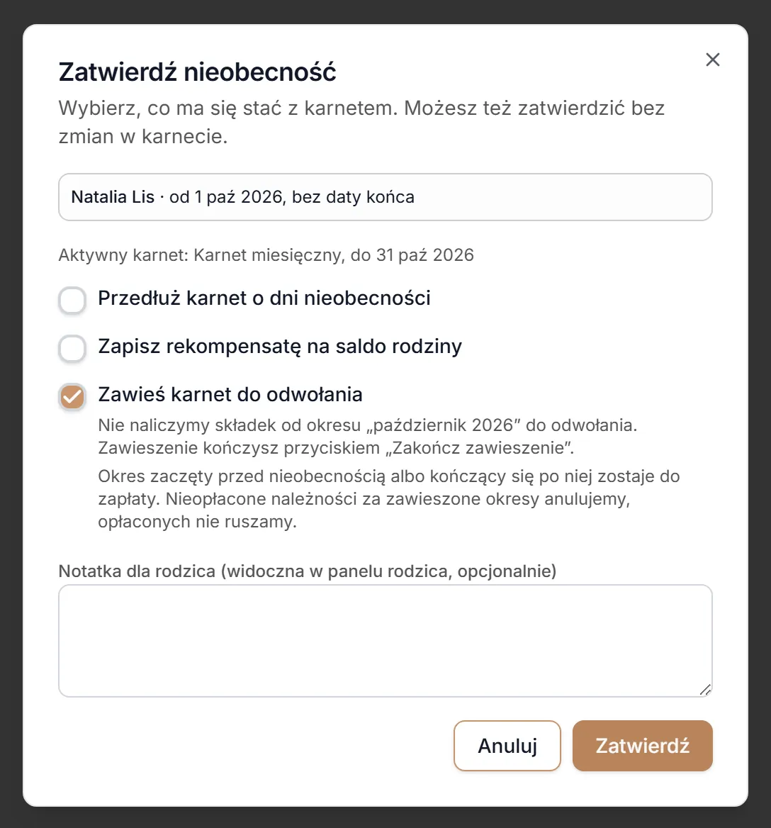 Zawieszenie karnetu do odwołania