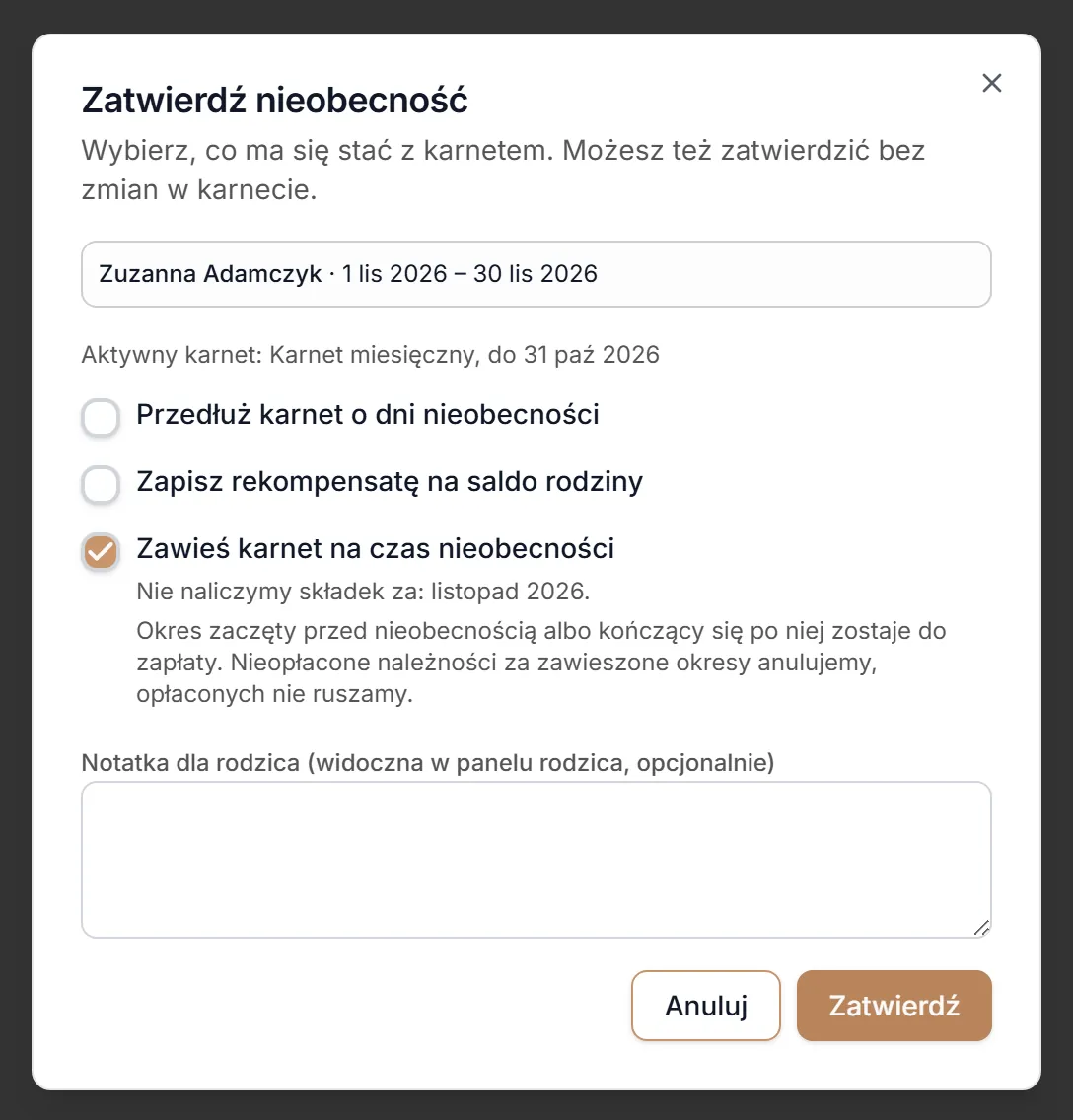 Zawieszenie karnetu na czas nieobecności