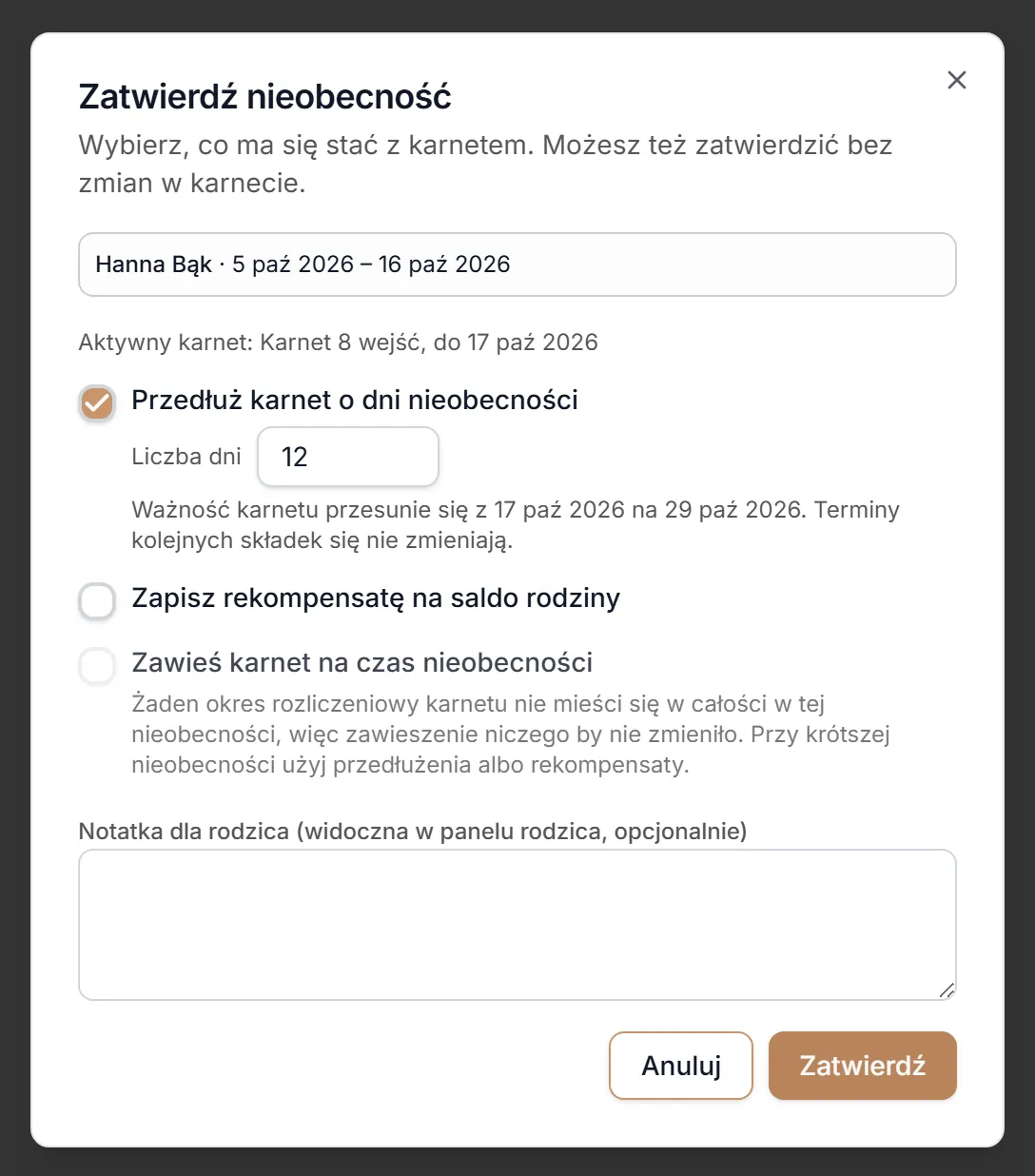 Okno zatwierdzania nieobecności