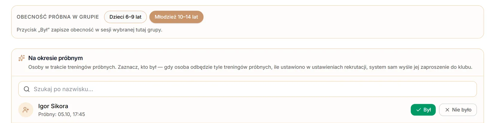Wybór grupy dla obecności próbnej