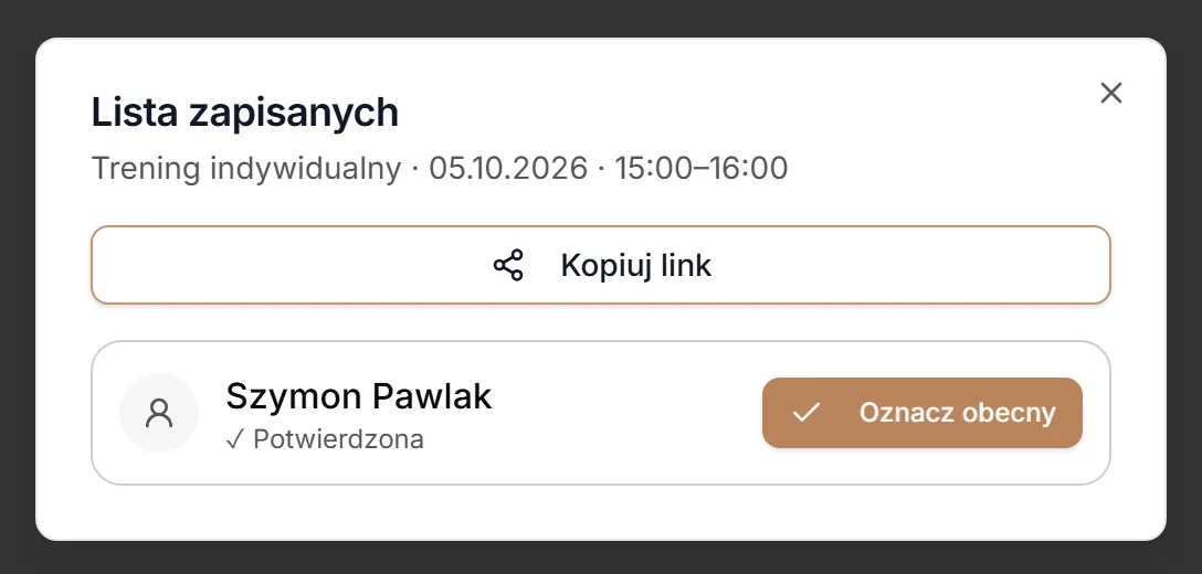 Lista zapisanych na trening indywidualny