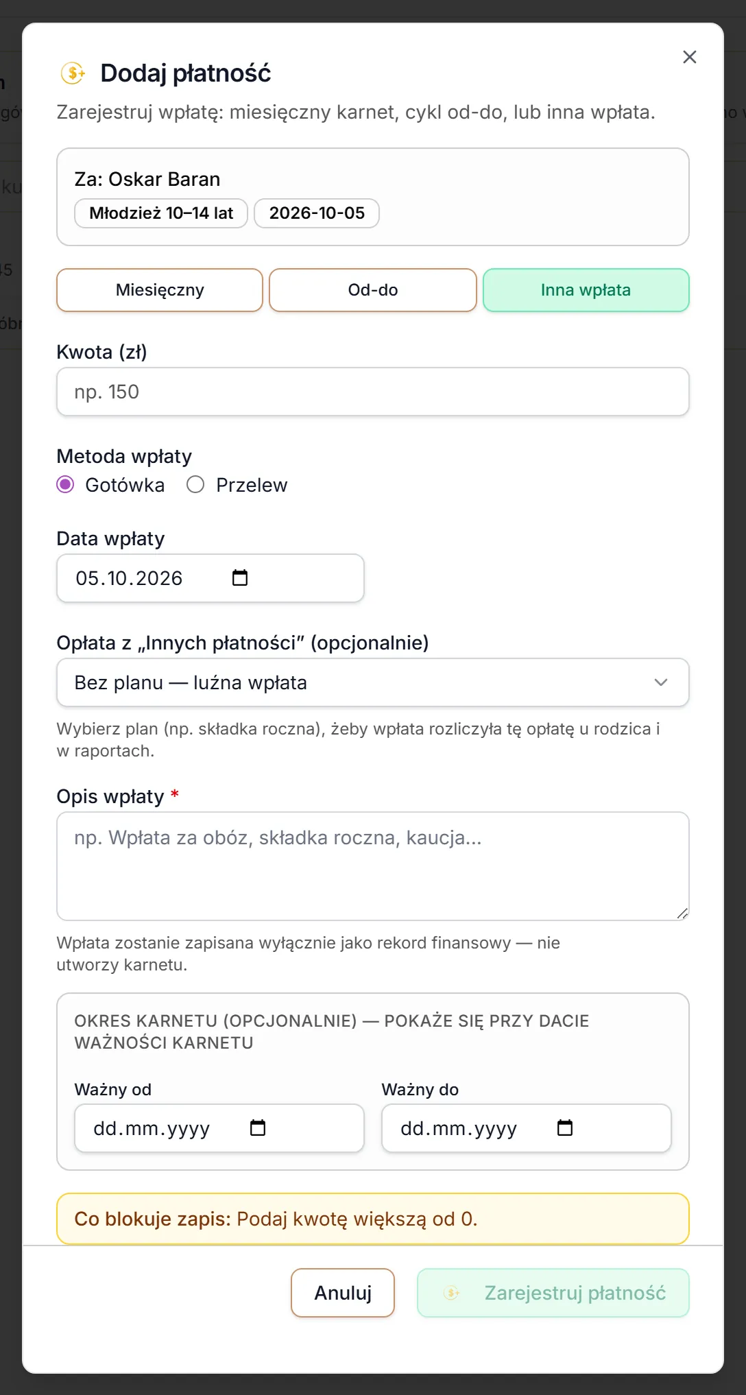 Dodaj płatność — Inna wpłata