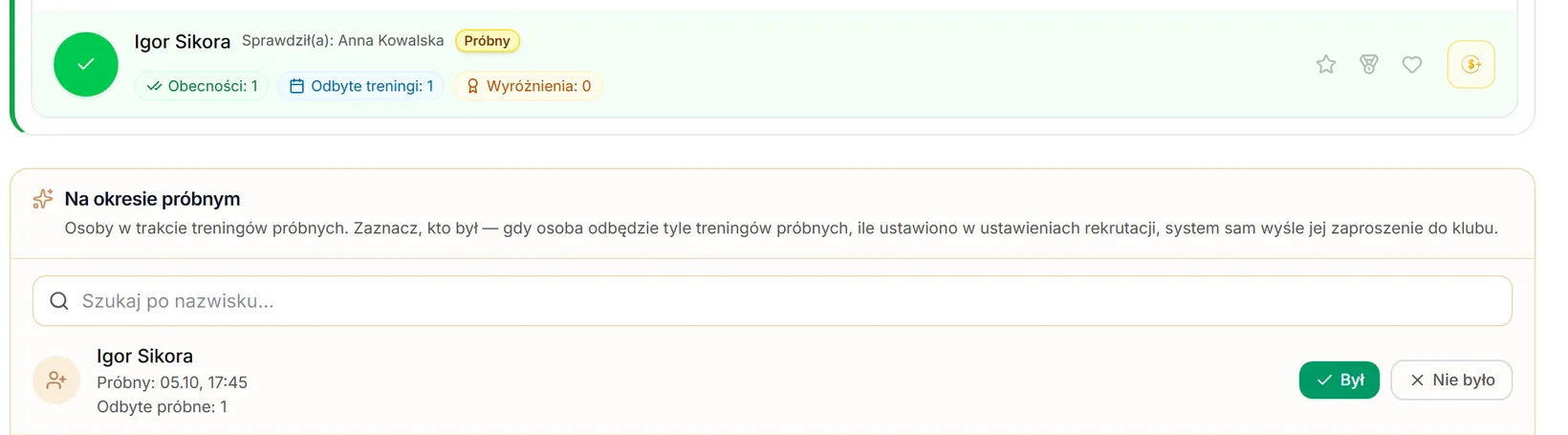 Obecność na treningu próbnym zapisana
