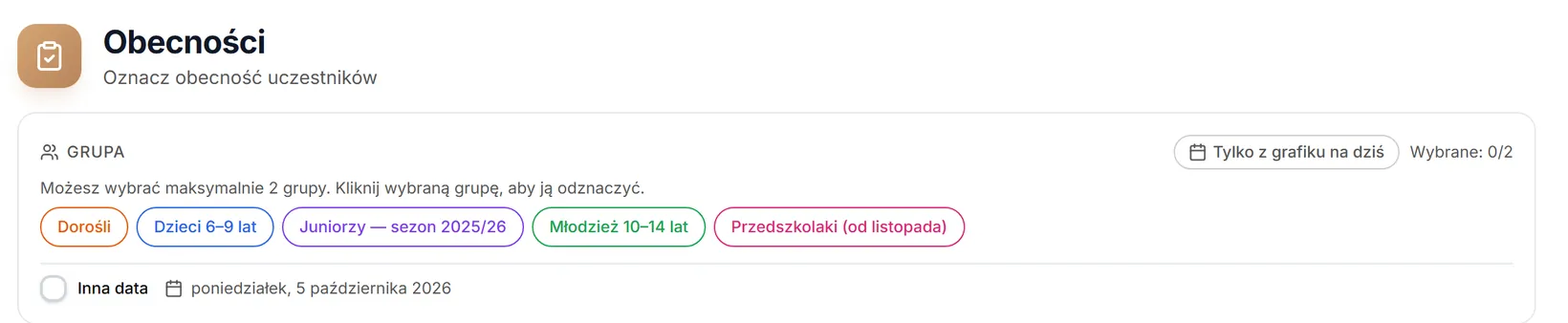 Nagłówek i wybór grupy