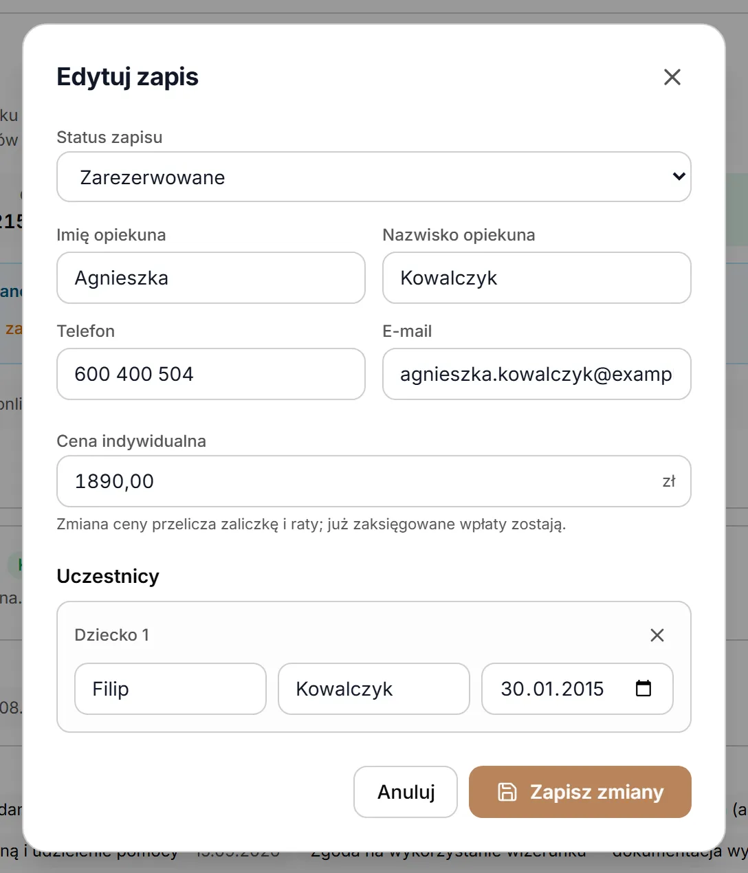 Okno „Edytuj zapis”