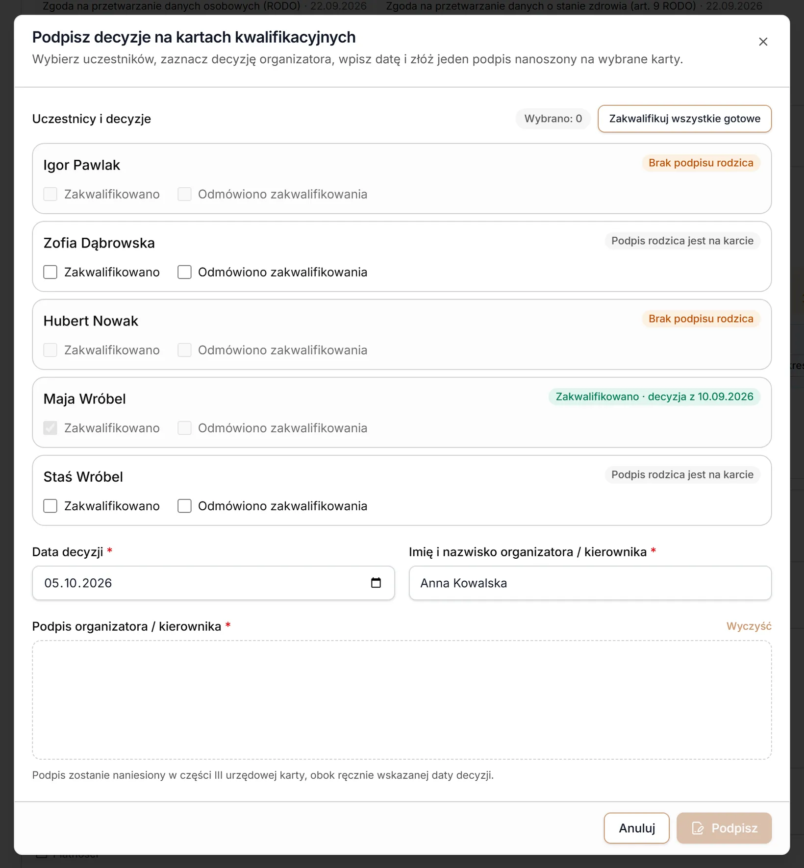 Okno podpisu decyzji na kartach kwalifikacyjnych