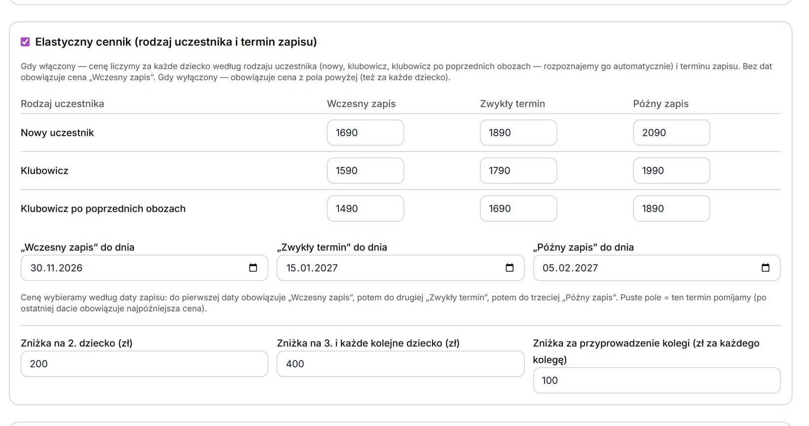 Elastyczny cennik — ceny według rodzaju uczestnika i terminu zapisu
