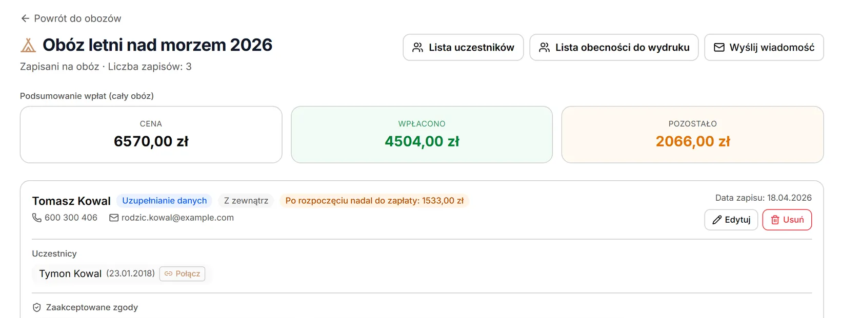Obóz po rozpoczęciu z kwotą do zapłaty