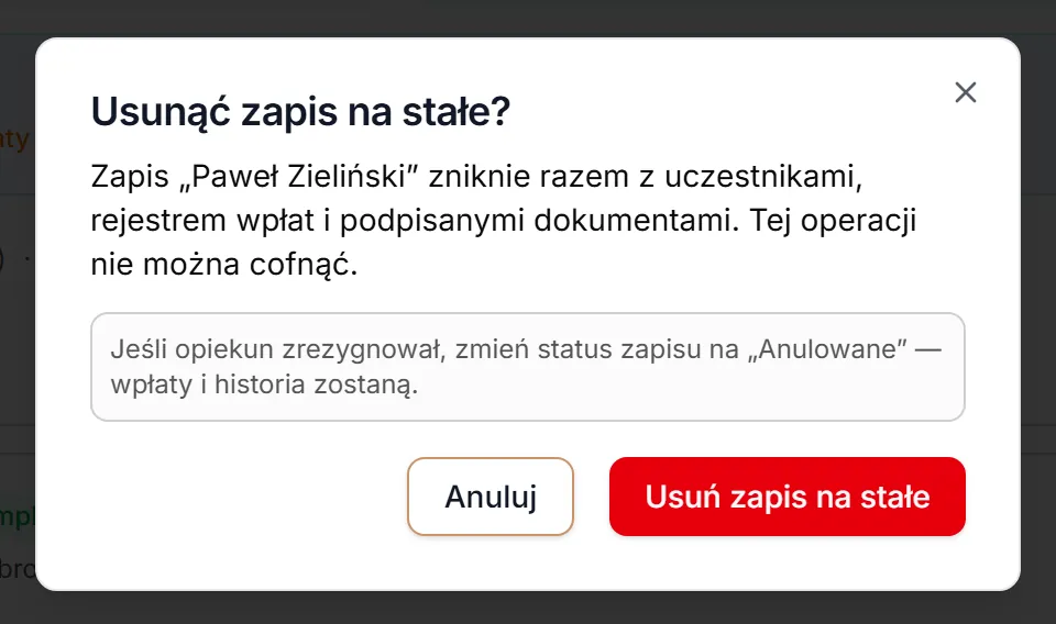 Okno usuwania zapisu