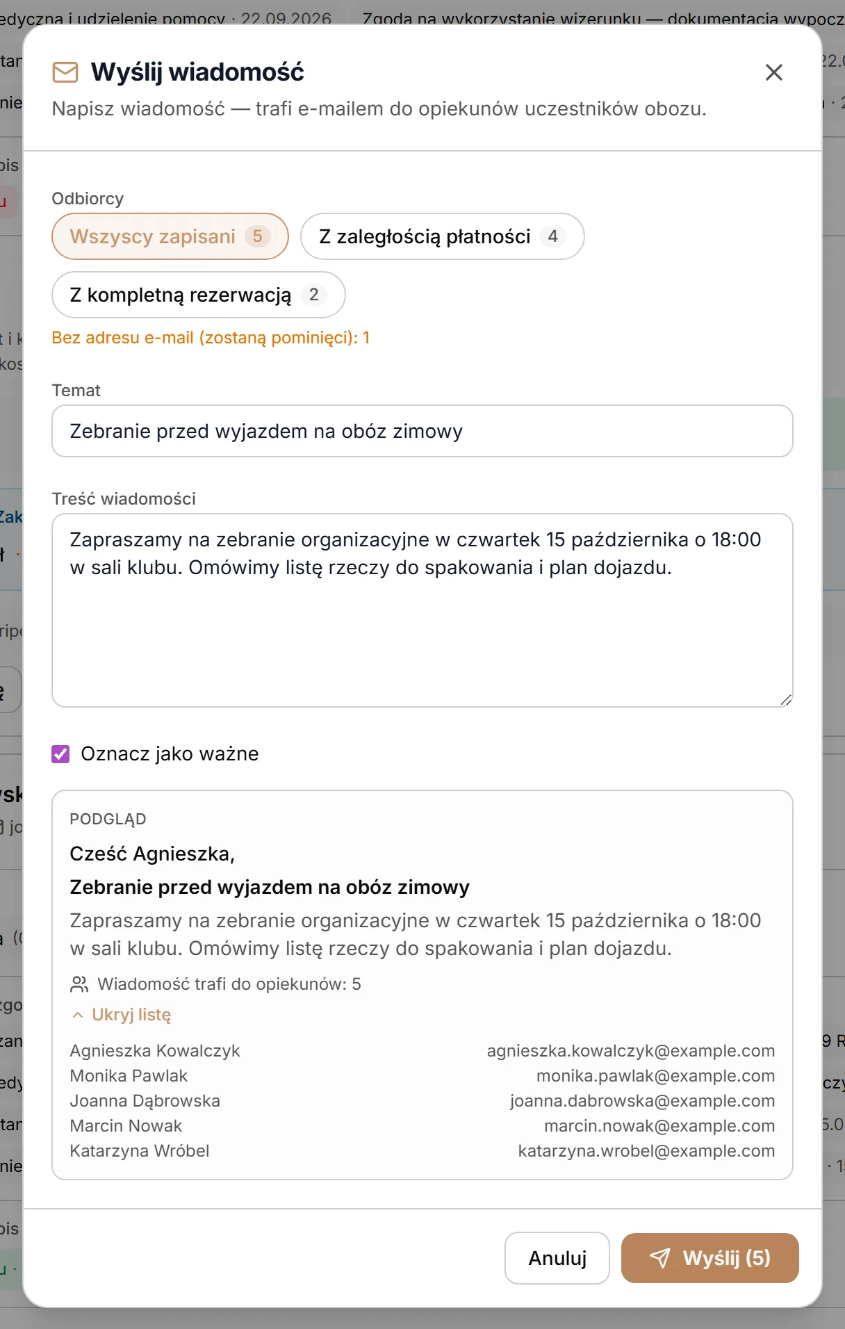 Podgląd wiadomości z listą odbiorców