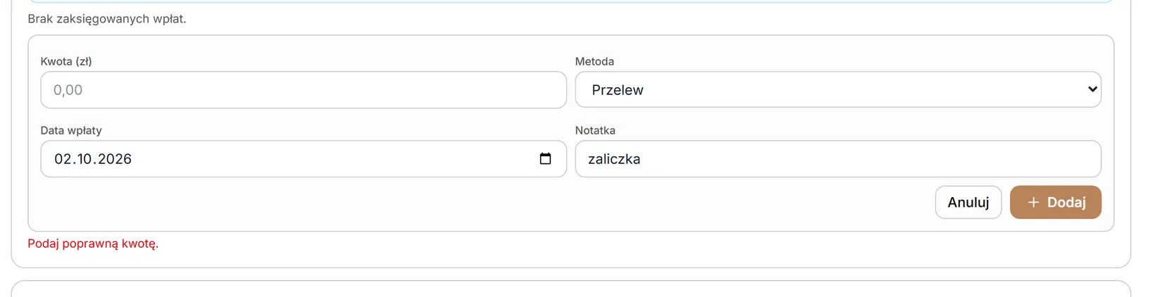 Formularz wpłaty — brak kwoty