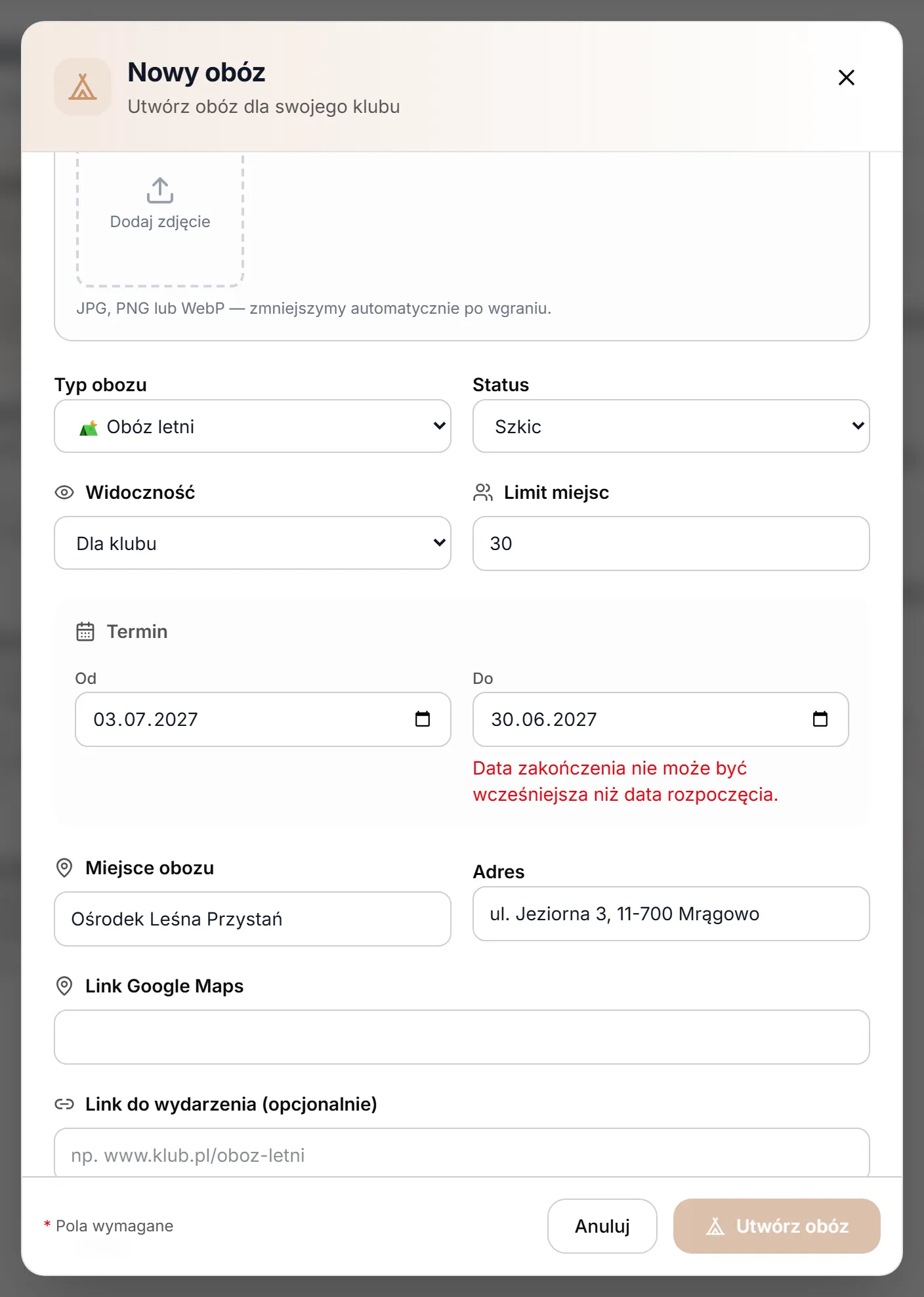 Data zakończenia przed datą rozpoczęcia