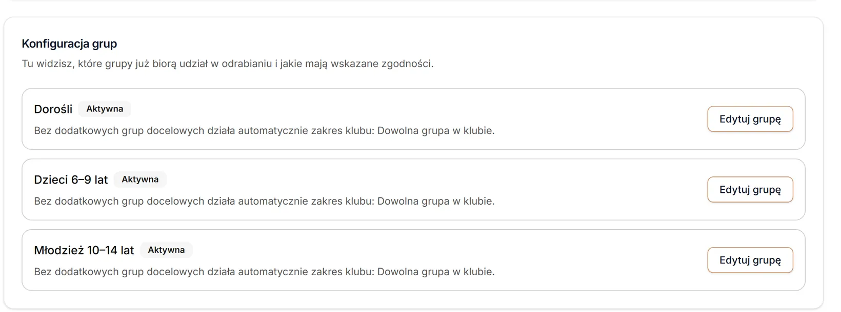 Konfiguracja grup przy zakresie Dowolna grupa w klubie
