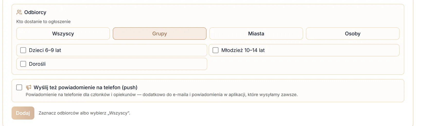 Brakuje zaznaczonych odbiorców