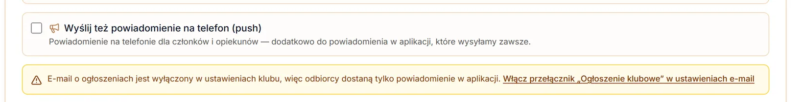 Klub z wyłączonym e-mailem o ogłoszeniach