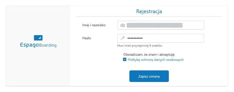 Rejestracja konta w EspagoBoarding