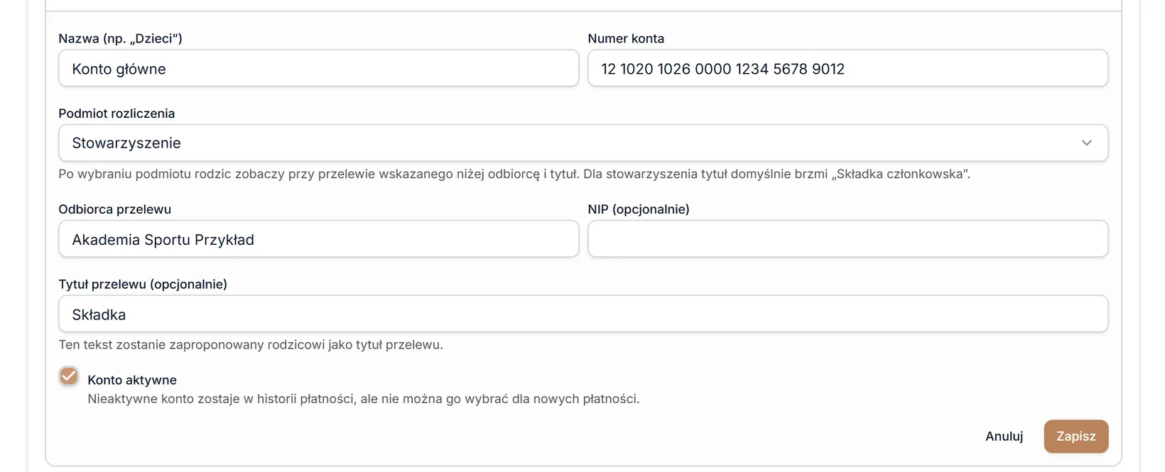 Edycja konta bankowego