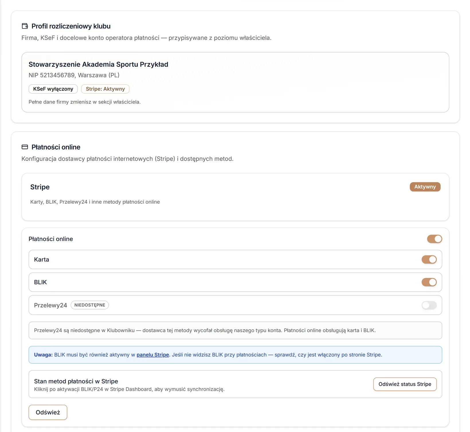 Profil rozliczeniowy, Stripe i metody online