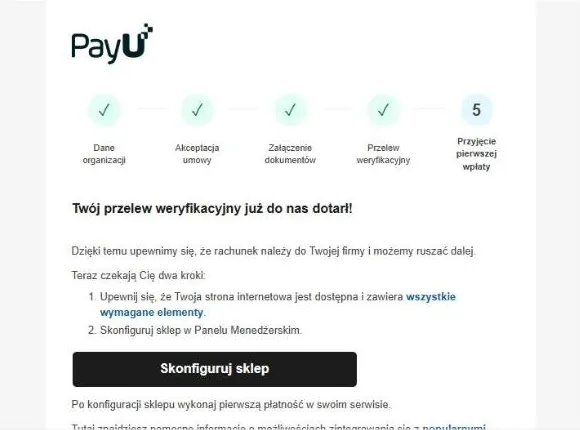 E-mail od PayU po zaksięgowaniu przelewu weryfikacyjnego