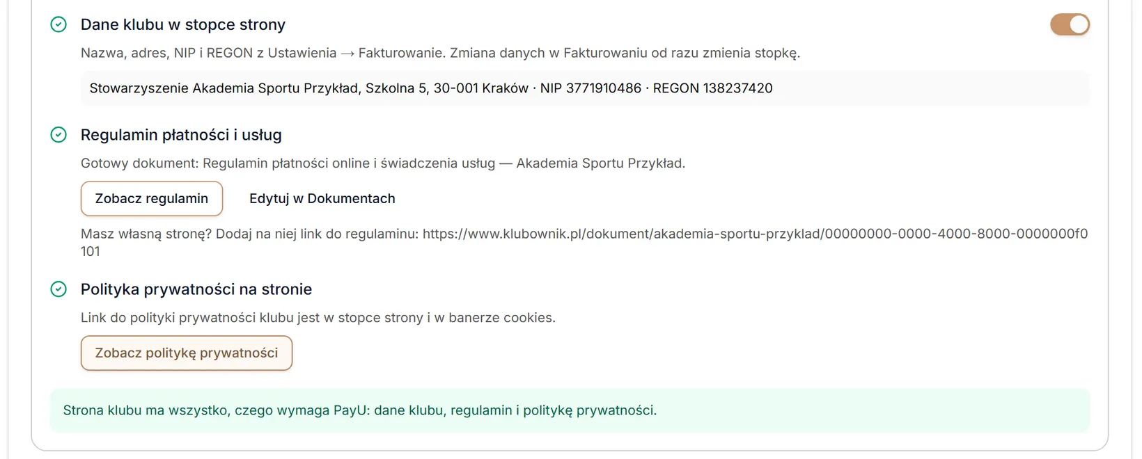 Dane klubu w stopce, regulamin i polityka prywatności