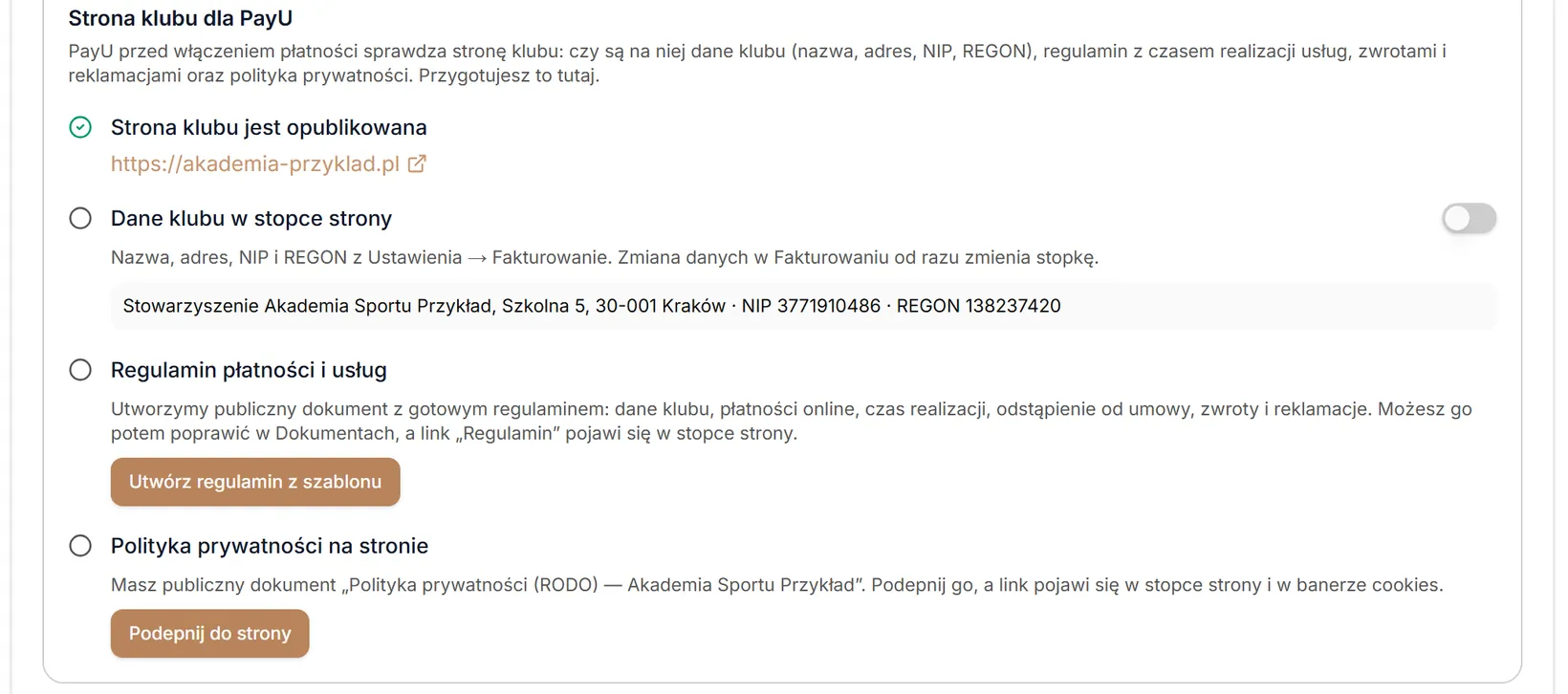 Strona klubu dla PayU przed przygotowaniem
