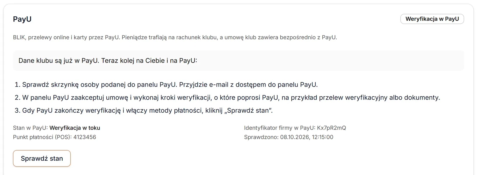 Konto klubu czeka na weryfikację w PayU