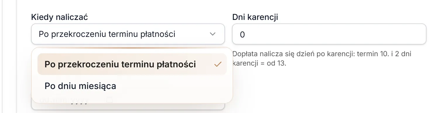 Kiedy naliczać — lista wartości