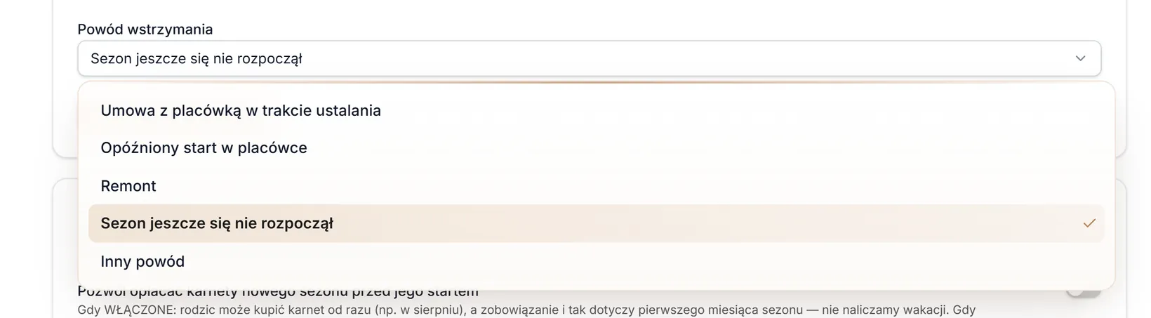 Powód wstrzymania — lista wartości