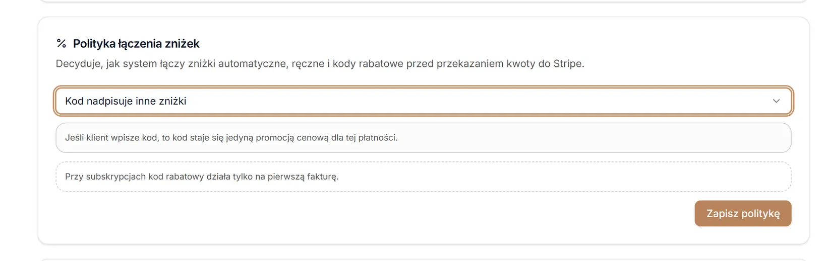 Polityka łączenia zniżek — kod nadpisuje