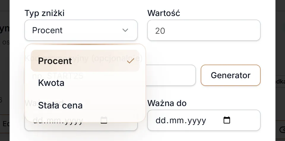 Typ zniżki — lista wartości