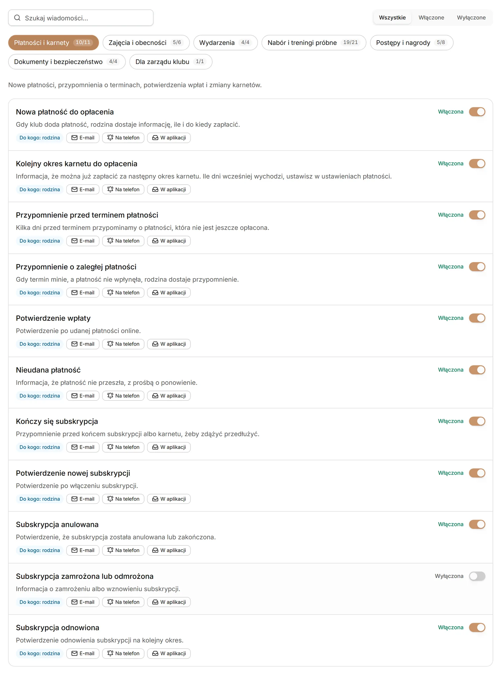Wiadomości automatyczne — wyszukiwarka, filtr, kategorie i lista