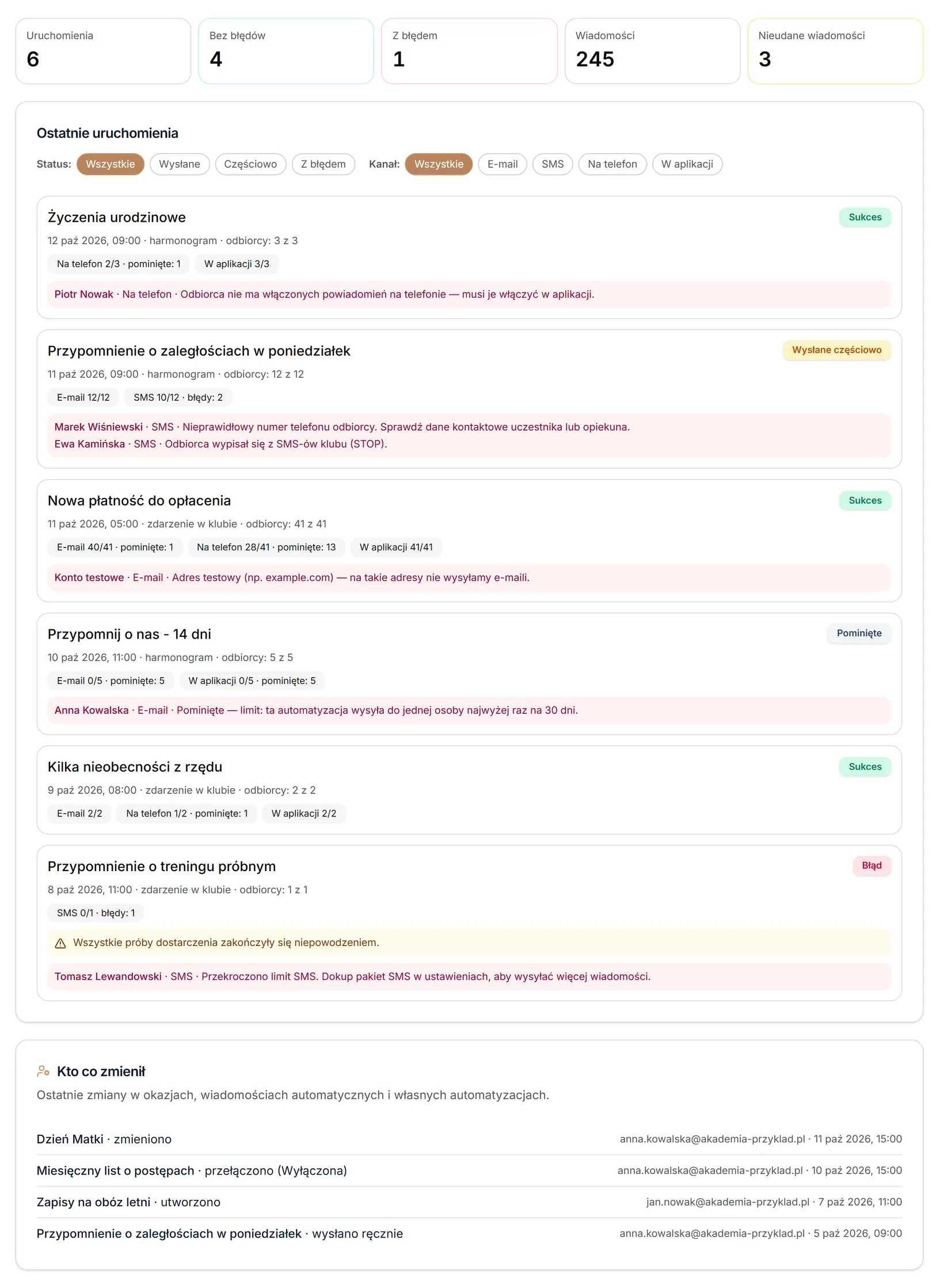Historia wysyłek i zmian