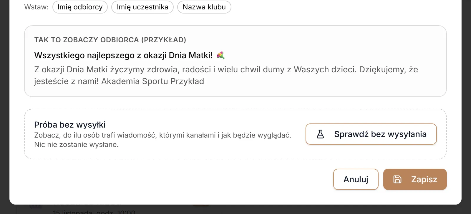 Podgląd, próba bez wysyłki i zapis