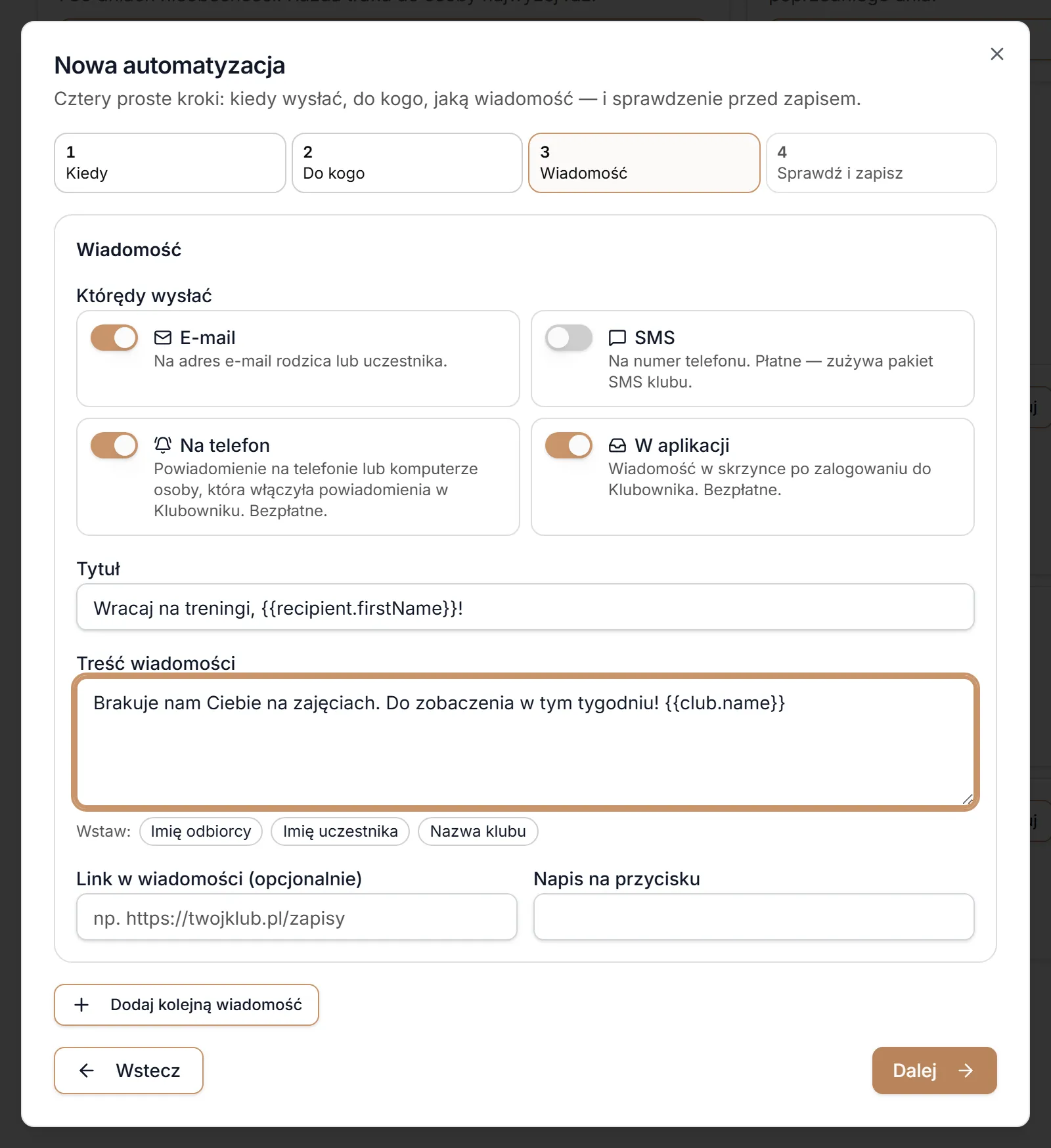 Krok 3 — kanały, tytuł, treść i link