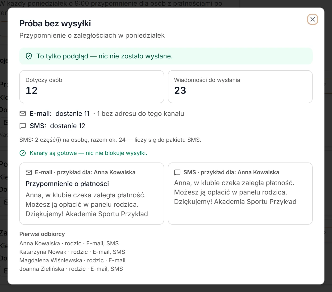Próba bez wysyłki z listy automatyzacji