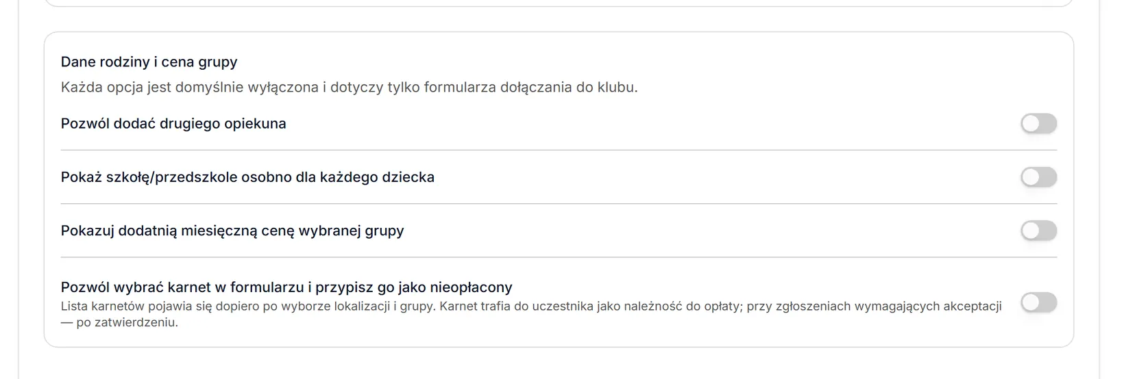 Dane rodziny i cena grupy
