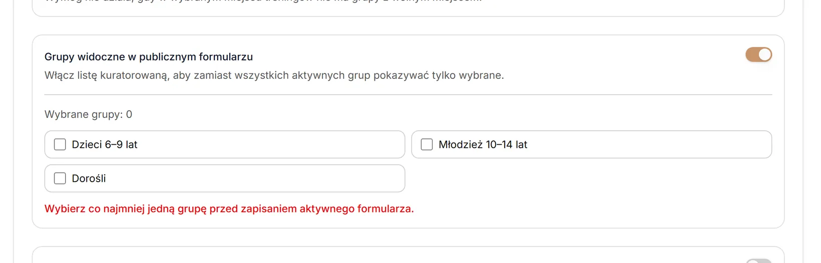 Lista grup — jeszcze nic nie zaznaczono