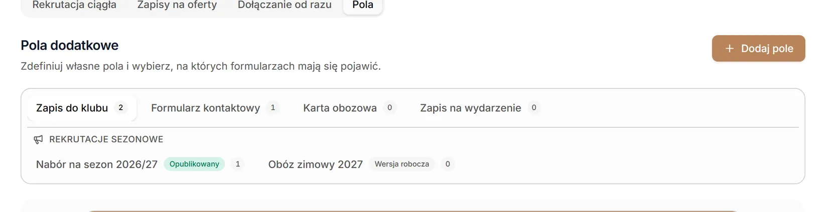 Pola dodatkowe — wybór formularza