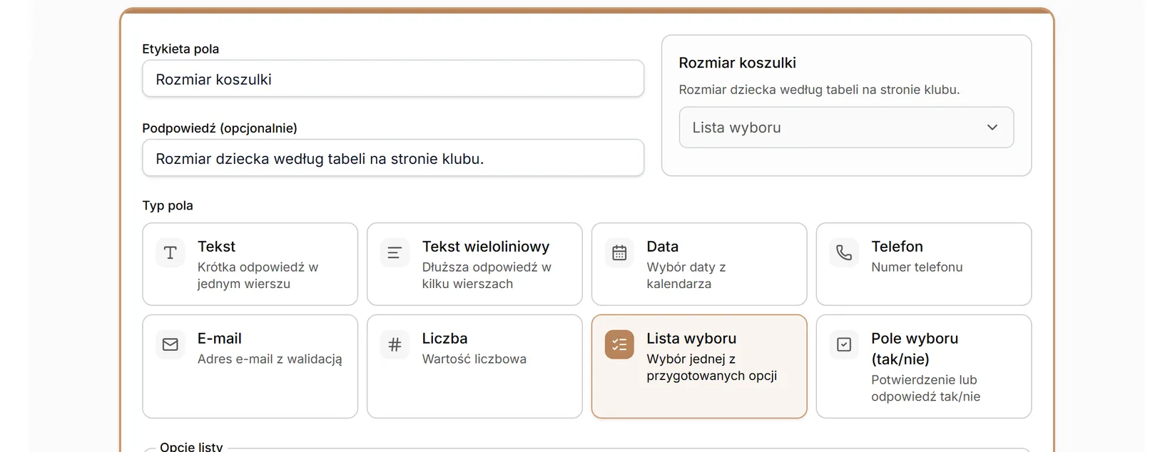 Typ pola: Lista wyboru