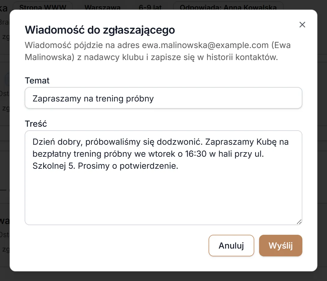 Wypełniona wiadomość e-mail