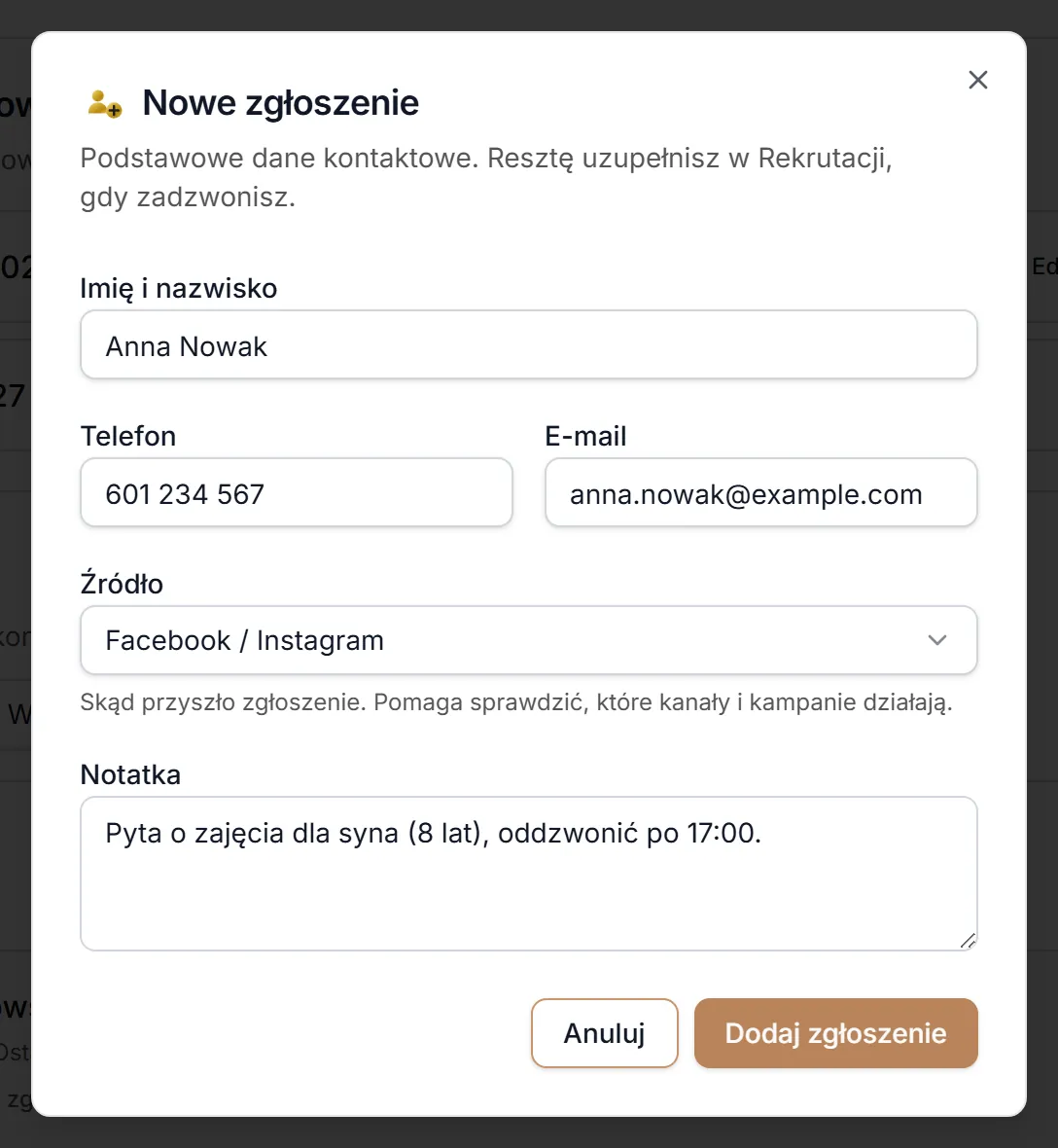 Wypełnione okno nowego zgłoszenia