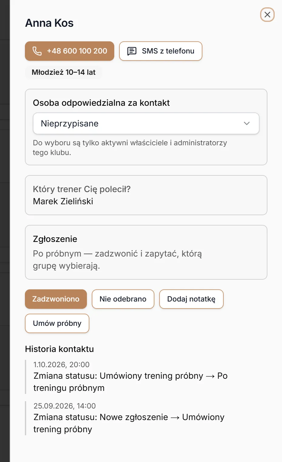 Panel zgłoszenia z polecenia trenera