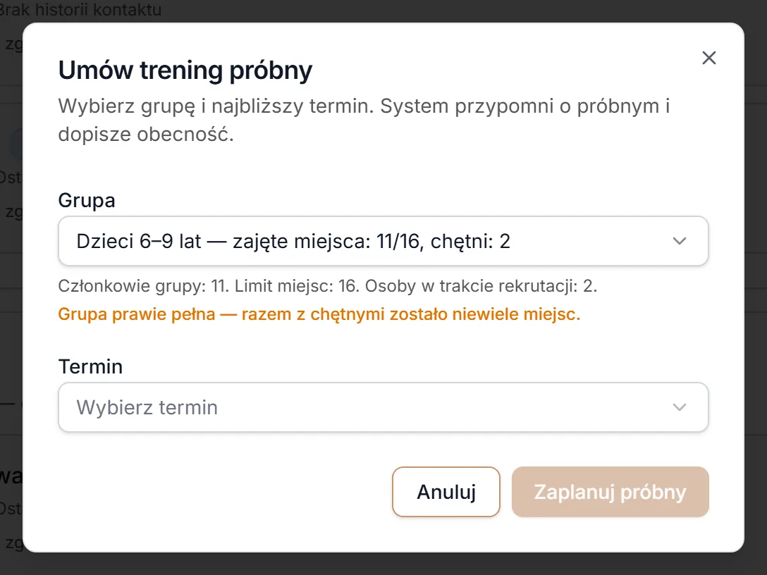 Okno umawiania treningu próbnego