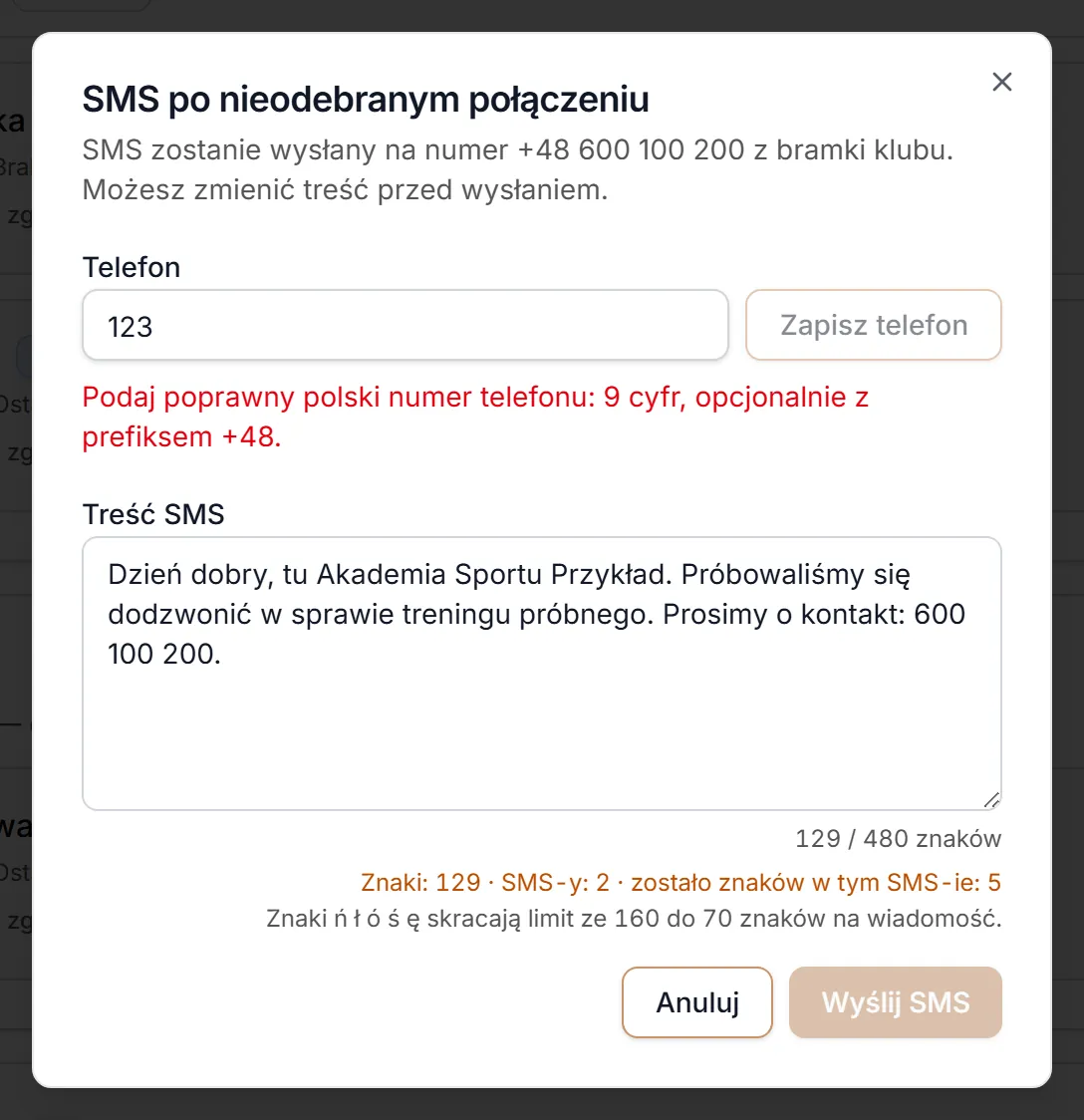 Niepoprawny numer telefonu